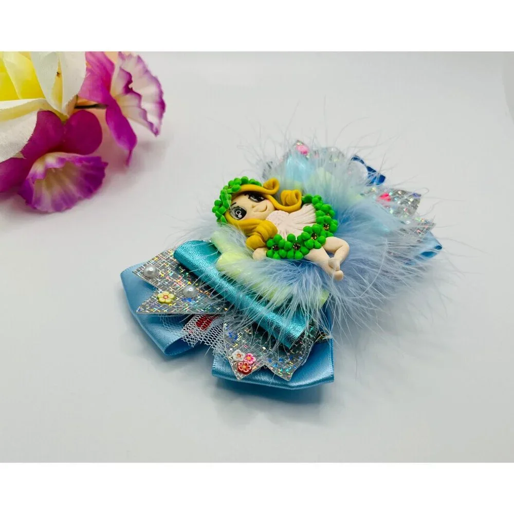 Flower Spring Hair Bow Clip With Clay Doll for Girls & Baby